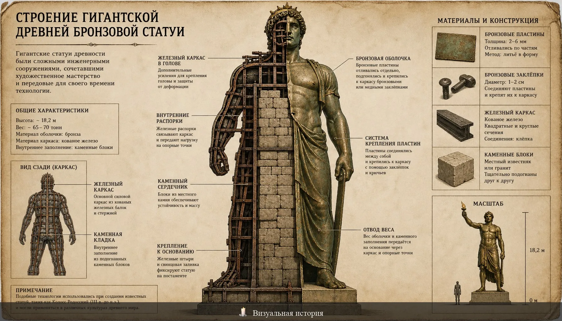 Разрез конструкции: камень, железо, бронза